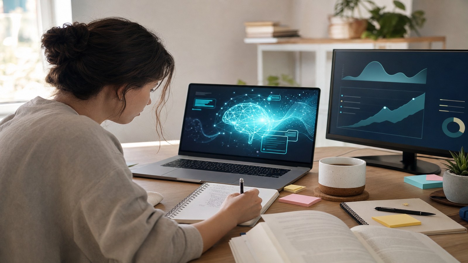 Personne utilisant une intelligence artificielle pour apprendre et travailler