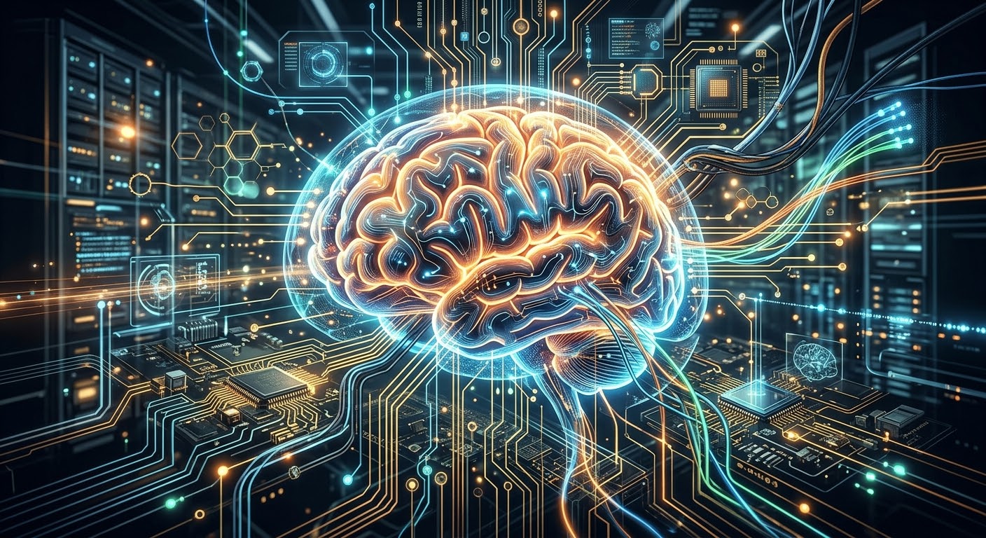 Illustration représentant un cerveau humain relié à des circuits numériques